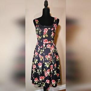 1861 boutique satin roses black pink floral retro 50's 60's dress with pockets